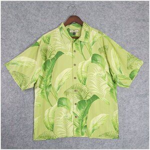 TOMMY BAHAMA Mens Large Silk Green Hawaiian Botanical Palm Banana Leaf Shirt